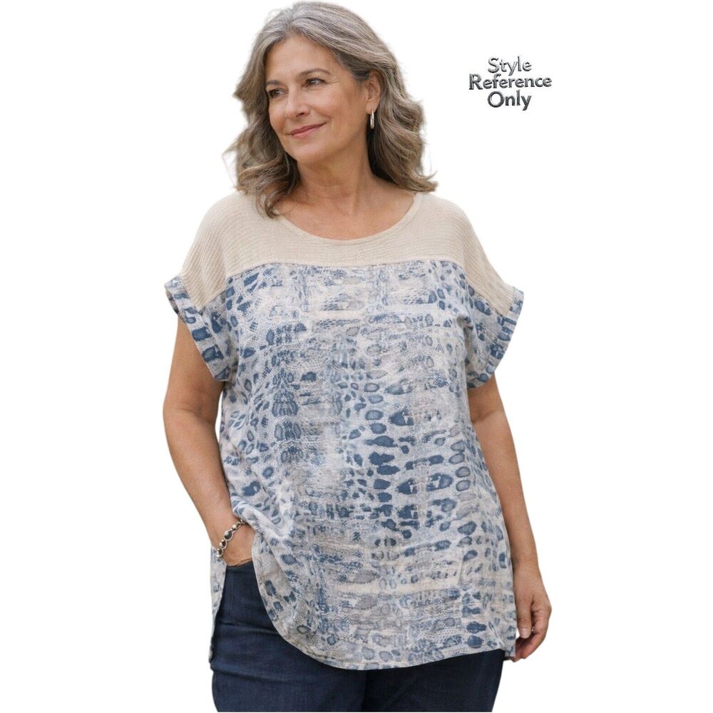 Lungo L’Arno Italian Linen Snake Print Blouse Size 1X Blue Beige